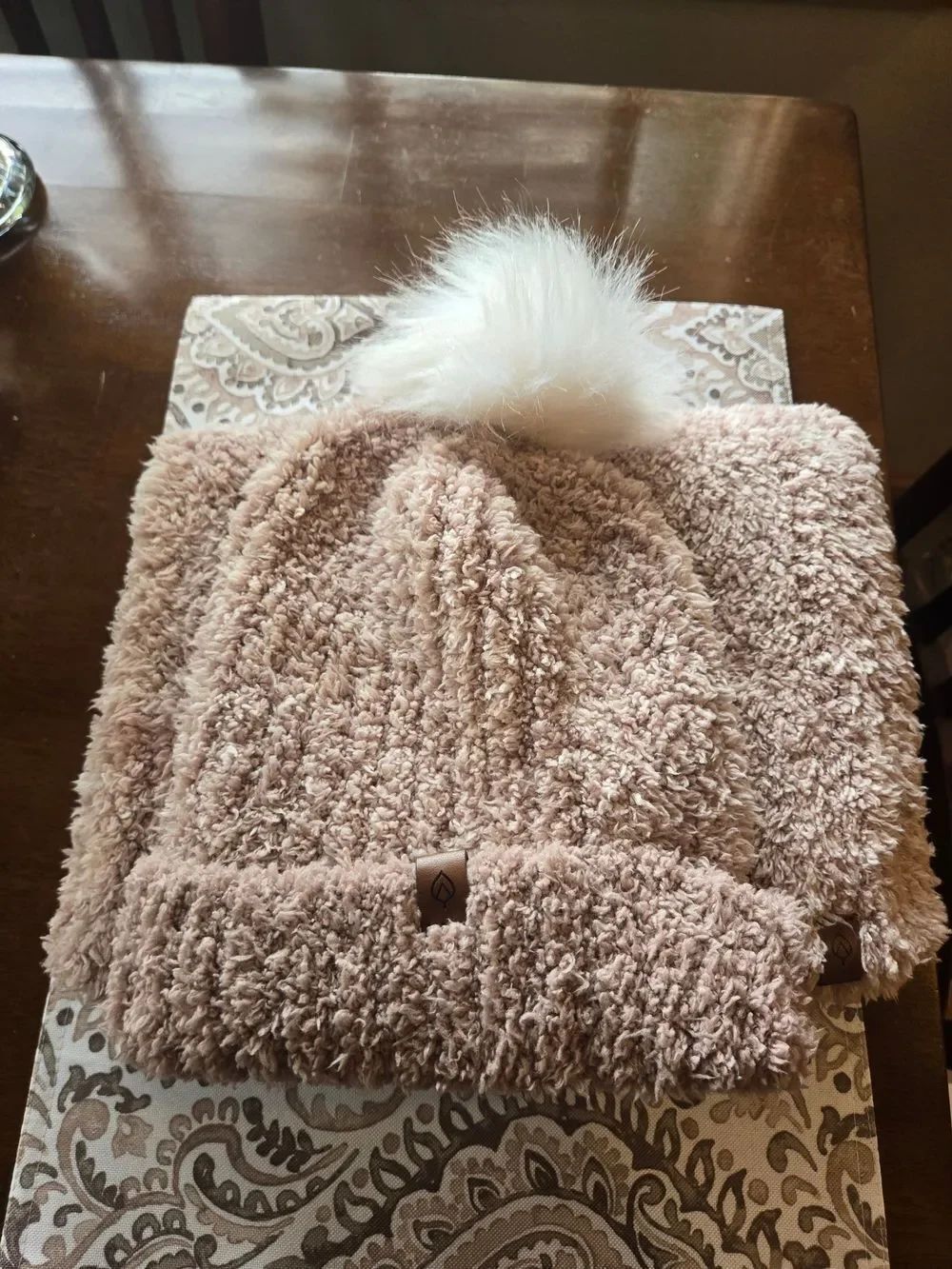 Cozy Plush Scarf And Hat with Faux Fur Pom - Light Blush Beige